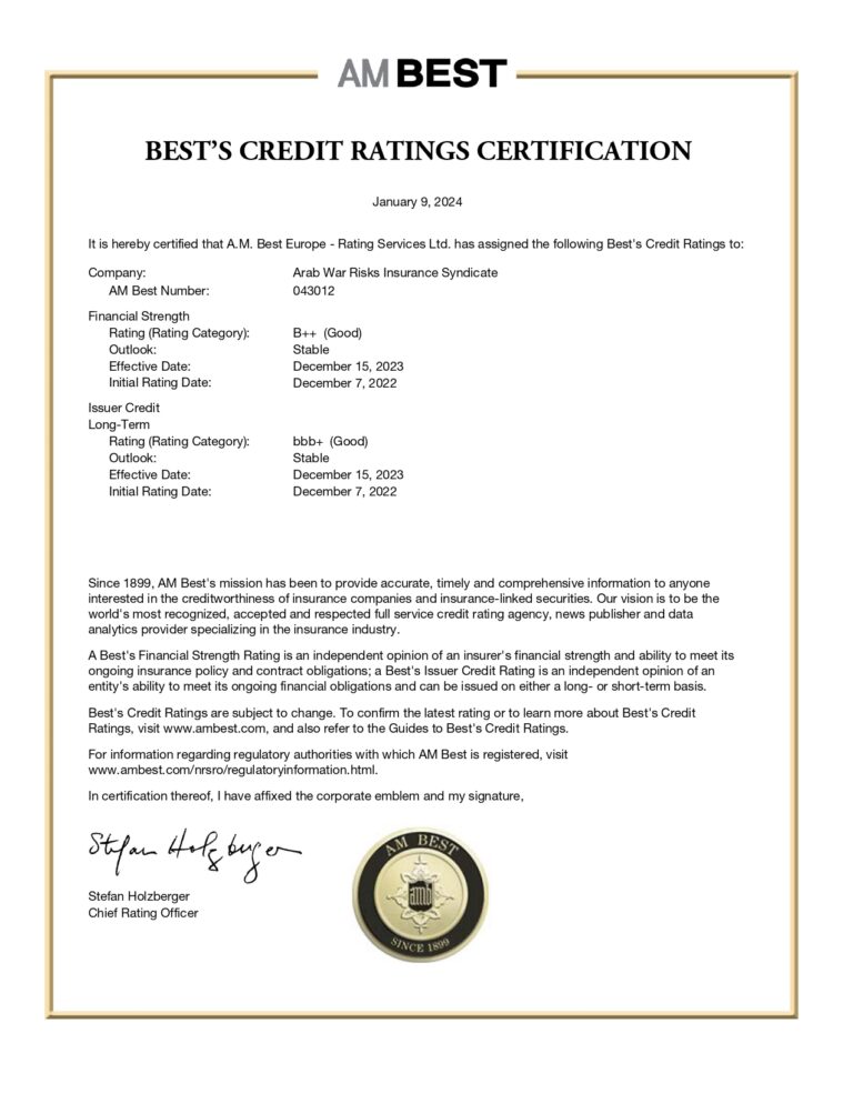 AM Best Affirms Credit Ratings of Arab War Risks Insurance Syndicate ...