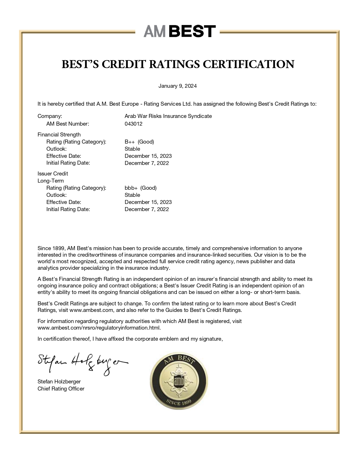 AM Best Affirms Credit Ratings of Arab War Risks Insurance Syndicate ...